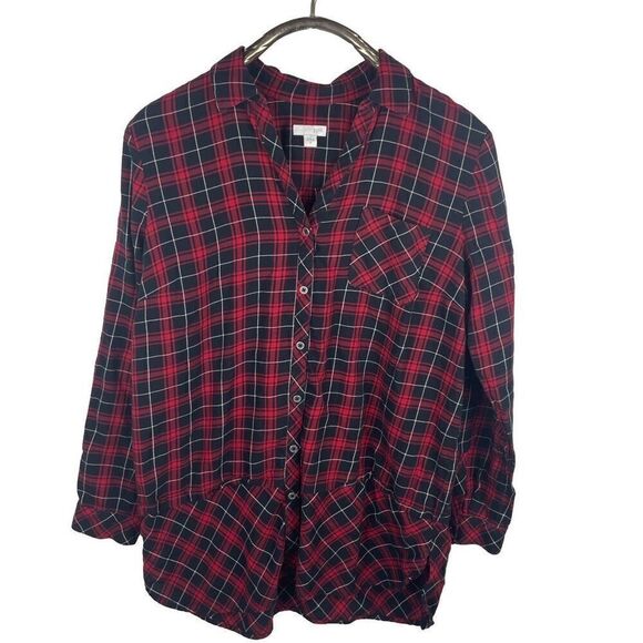 J. Jill Tops - J. Jill Red Black Checkered Long Line Flannel‎ Button Up Shirt Size M